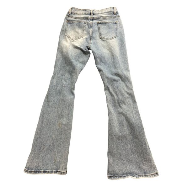 Papaya Flared Jeans Mid Rise Distressed Denim Stretch Medium Wash Blue Size 3 - Picture 4 of 10